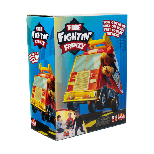 Fire Fightin' Frenzy board game box featuring a red and yellow fire truck with ladder on blue background, packaged by Goliath