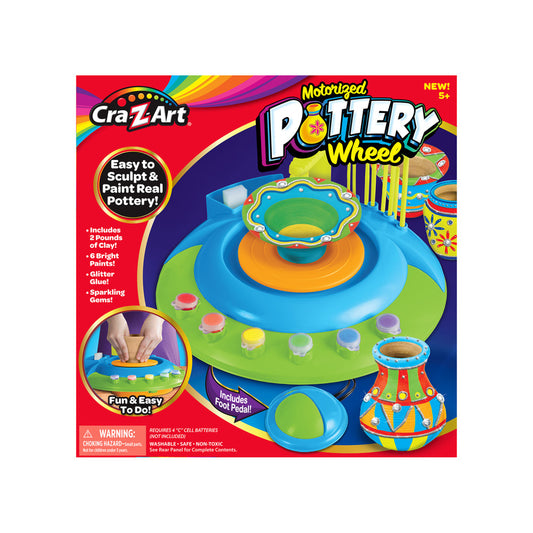 Cra-Z-Art Motorized Pottery Wheel package showing blue and green spinning wheel with clay bowl on top, colorful painted pottery pieces, includes 2 pounds of cla