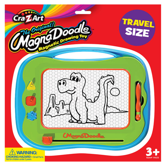 Cra-Z-Art The Original Magna Doodle magnetic drawing toy in travel size with green and blue casing, white drawing surface showing dinosaur sketch, magnetic styl