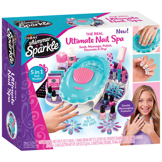 Cra-Z-Art Shimmer 'N Sparkle Ultimate Nail Spa with turquoise and pink nail soaking bowl, nail polish bottles, brushes, nail stickers, and accessories, modeled