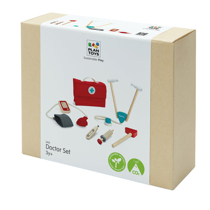 Plan Toys Doctor Set 3y+ wooden medical kit with red fabric bag and accessories