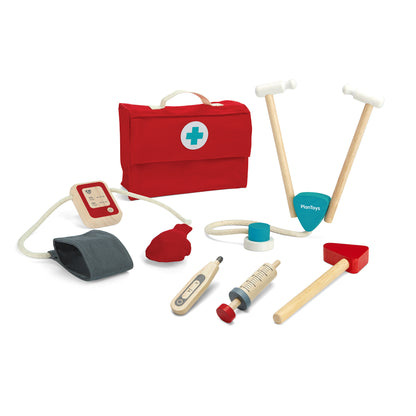 Doctor Play Set wooden medical kit with red fabric bag, stethoscope, and accessories