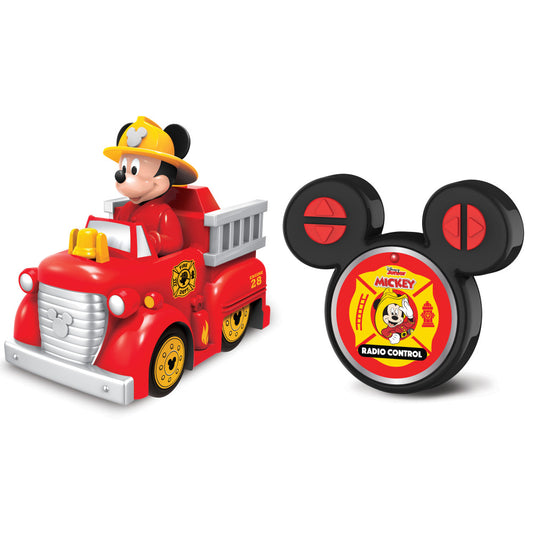 Red Disney Junior Mickey Mouse firefighter truck with Mickey figure in yellow helmet and fire chief hat, shown with Mickey Mouse-shaped radio control remote
