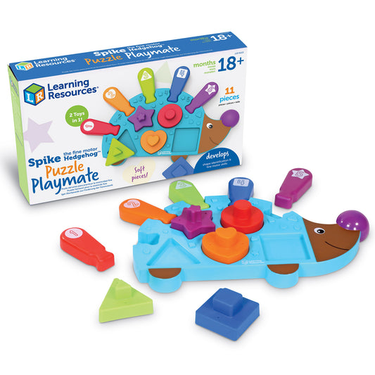 Spike the Fine Motor Hedgehog puzzle playmate with turquoise hedgehog-shaped base, colorful soft pieces including shapes and circles, and four plastic poking to