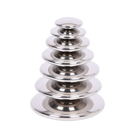 Seven reflective silver buttons stacked in graduated sizes from small to large, each with a mirrored dome surface on a plain background