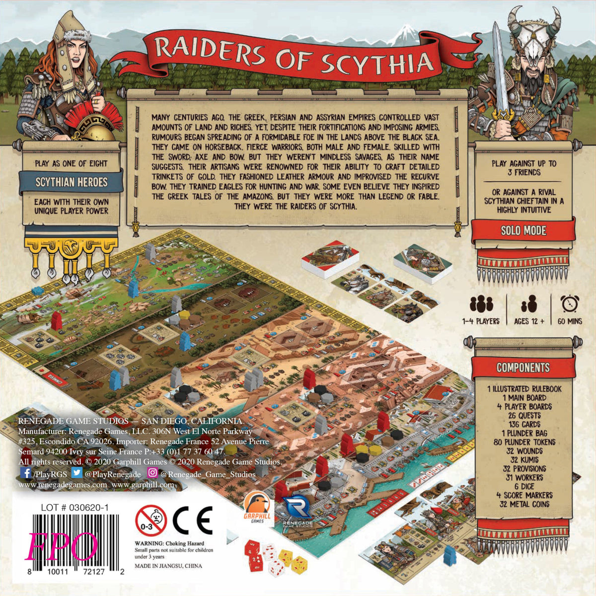 Raiders of Scythia board game box showing game board, cards, tokens, and components with Scythian warrior characters