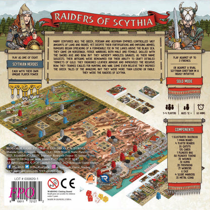 Raiders of Scythia board game box showing game board, cards, tokens, and components with Scythian warrior characters