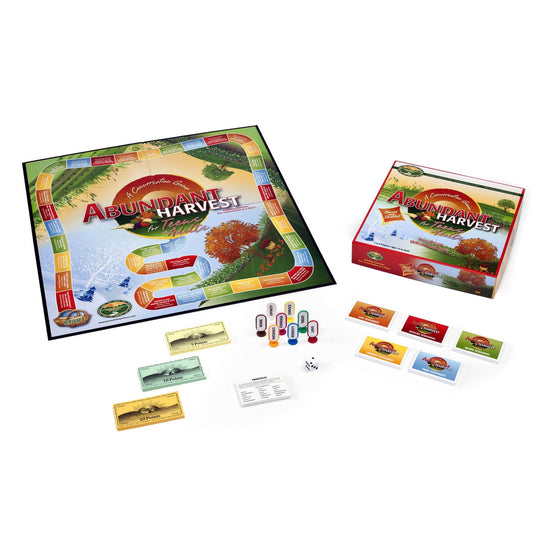 Abundant Harvest board game with game board, box, colored player tokens, dice, point cards, and instruction cards displayed