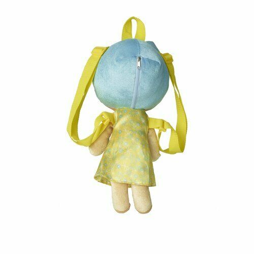 Sadness plush backpack from Inside Out, blue round head with yellow fabric body and legs, yellow adjustable straps, shown from back view