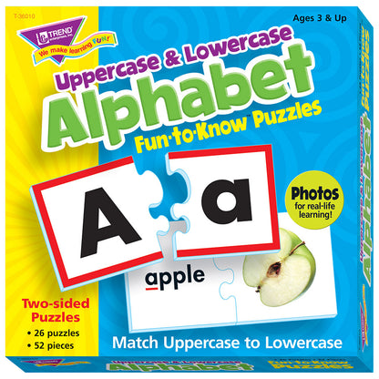 Uppercase & Lowercase Alphabet Fun-to-Know Puzzles box showing puzzle pieces matching letter A to lowercase a with apple photo, for ages 3 and up