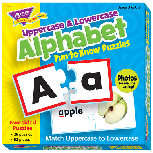 Uppercase & Lowercase Alphabet Fun-to-Know Puzzles box showing puzzle pieces matching letter A to lowercase a with apple photo, for ages 3 and up