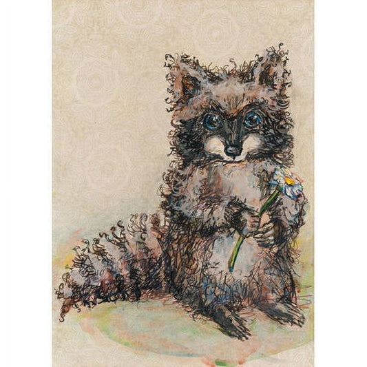 Whimsical illustration of a raccoon with bright blue eyes holding a blue daisy flower, rendered in mixed media with sketchy lines and watercolor accents on crea