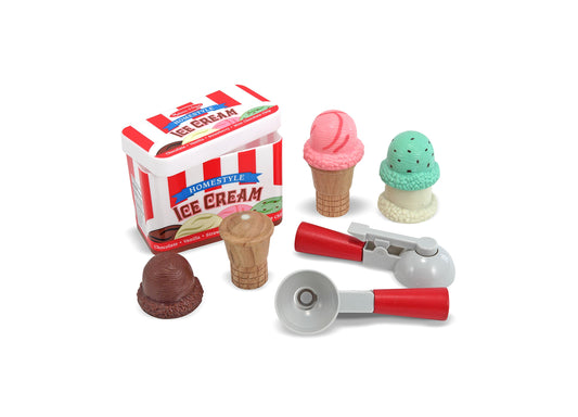 Melissa & Doug Ice Cream Parlor Play Set with plush scoops, felt cones, chocolate sauce, and pop-button lid in red an...