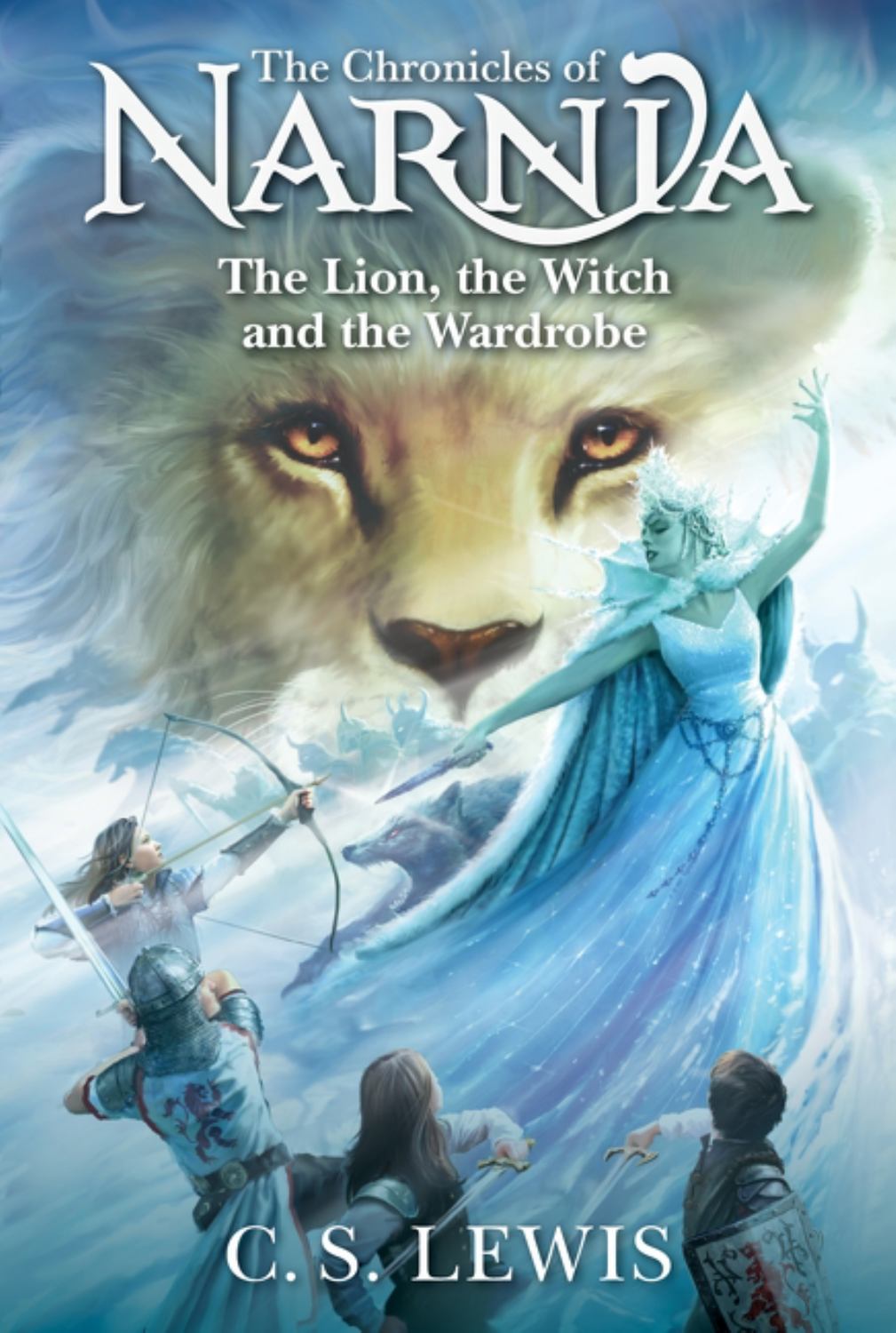 The Lion, the Witch and the Wardrobe book cover featuring a majestic lion and ice queen