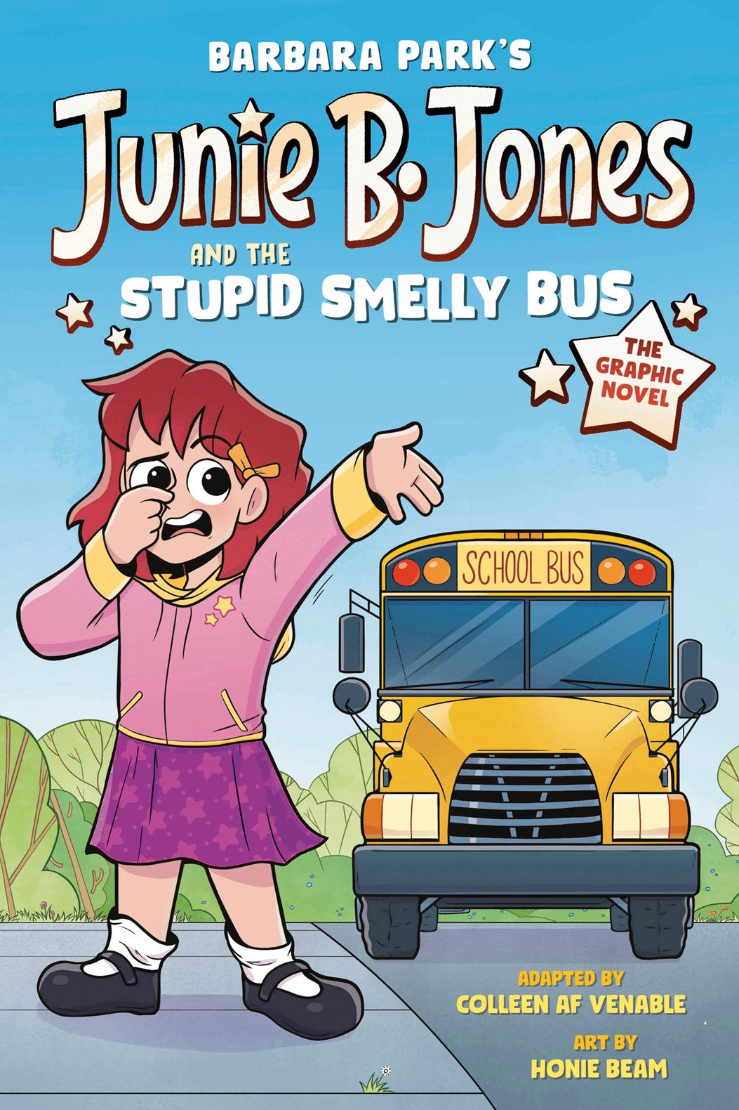 Junie B. Jones and the Stupid Smelly Bus graphic novel book cover with illustrated character and yellow school bus