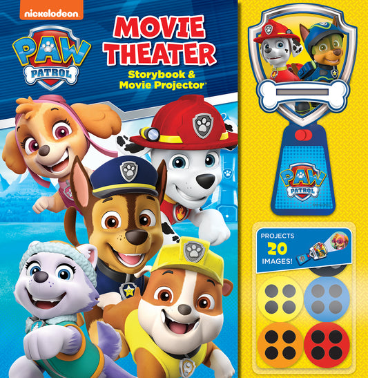 PAW Patrol Movie Theater Storybook and Movie Projector set featuring character pups and projector device with 20 image discs included