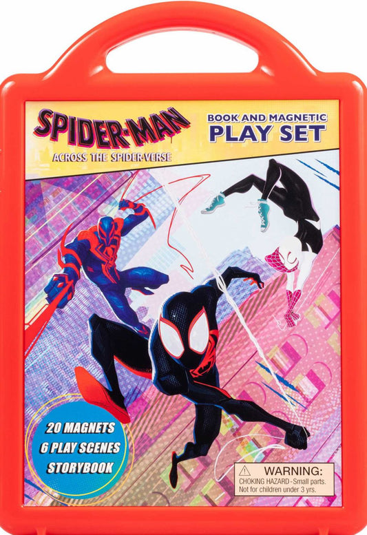 Red carrying case with Spider-Man: Across the Spider-Verse Book and Magnetic Play Set featuring multiple Spider-Man characters on colorful cityscape background,