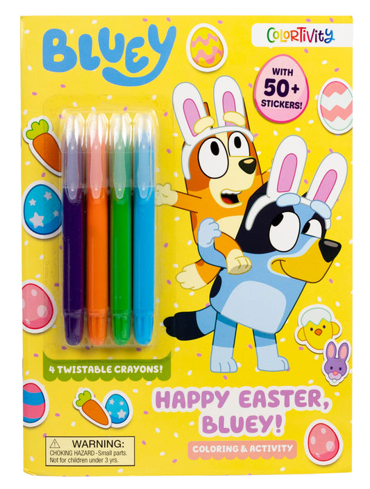 Bluey Colortivity Happy Easter Bluey activity book with 4 twistable crayons and 50+ stickers on yellow background