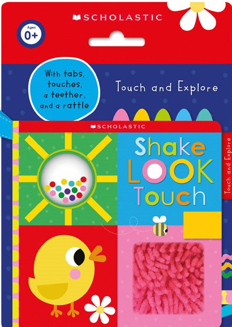 Scholastic Shake Look Touch interactive cloth book with tabs, textures, beads, and rattle for ages 0+