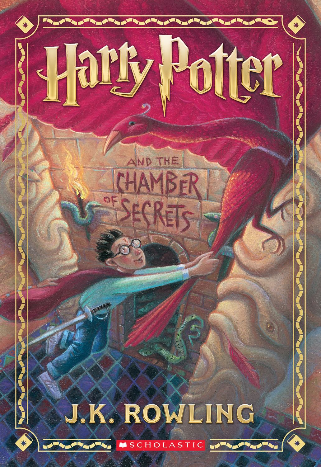 Harry Potter and the Chamber of Secrets book by J.K. Rowling with red cover and gold lettering