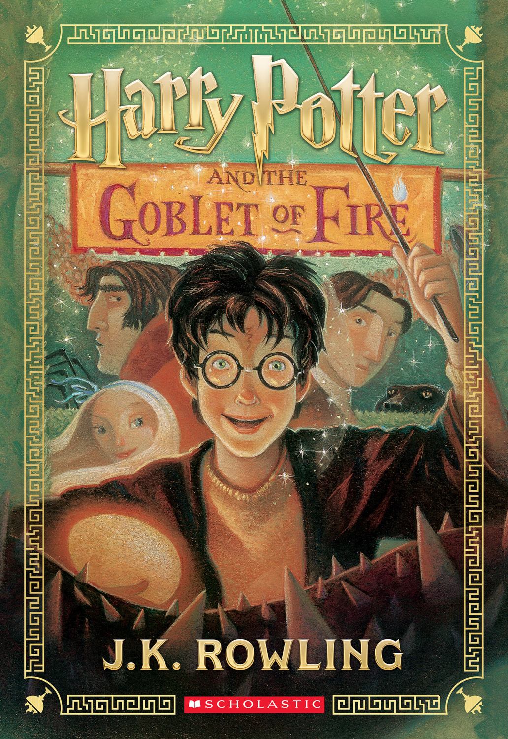 Harry Potter and the Goblet of Fire book cover by J.K. Rowling, featuring Harry Potter with glasses and other charact...