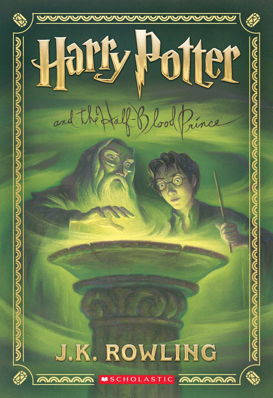 Harry Potter and the Half-Blood Prince book cover by J.K. Rowling, featuring green mystical design