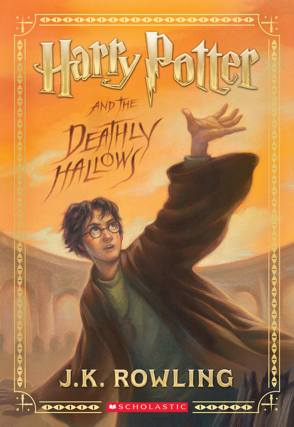 Harry Potter and the Deathly Hallows book cover by J.K. Rowling with orange gradient background
