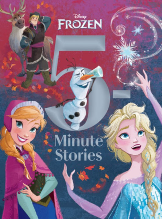 Frozen 5-Minute Magical Tales Padded Storybook cover featuring Anna, Elsa, Olaf, Kristoff, and Sven on a magenta and blue background with snowflake designs