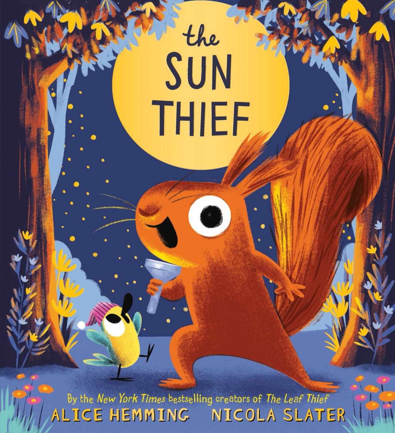 The Sun Thief children's book with orange squirrel character and yellow moon