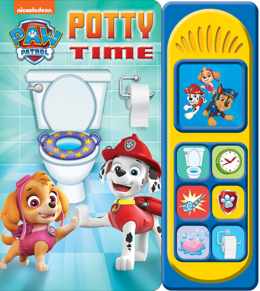 PAW Patrol Potty Time Interactive Sound Book featuring a toilet seat with star design, two paw patrol characters, and a sound button panel with bathroom-themed