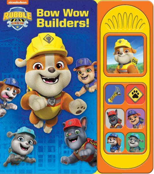 Nickelodeon Rubble Bow Wow Builders interactive sound book cover featuring cartoon puppy characters in construction gear and yellow interactive button panel on