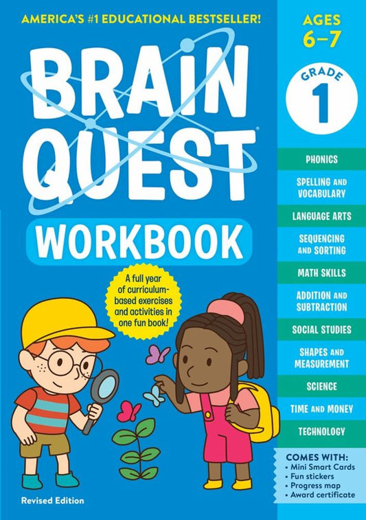 Brain Quest 1st Grade Workbook - Revised Edition cover featuring two cartoon children with magnifying glass and backpack on blue background, listing ages 6-7 an
