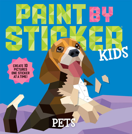 Paint by Sticker Kids Pets book cover featuring geometric dog illustration with numbered sticker sections and pink burst badge reading 'Create 10 Pictures One S