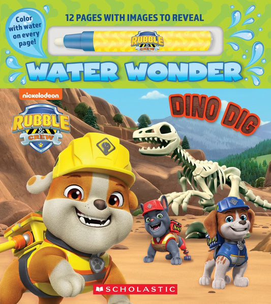 Rubble & Crew Dinosaur Dig Water Reveal Activity Book with yellow water pen and 12 pages featuring hidden images to reveal