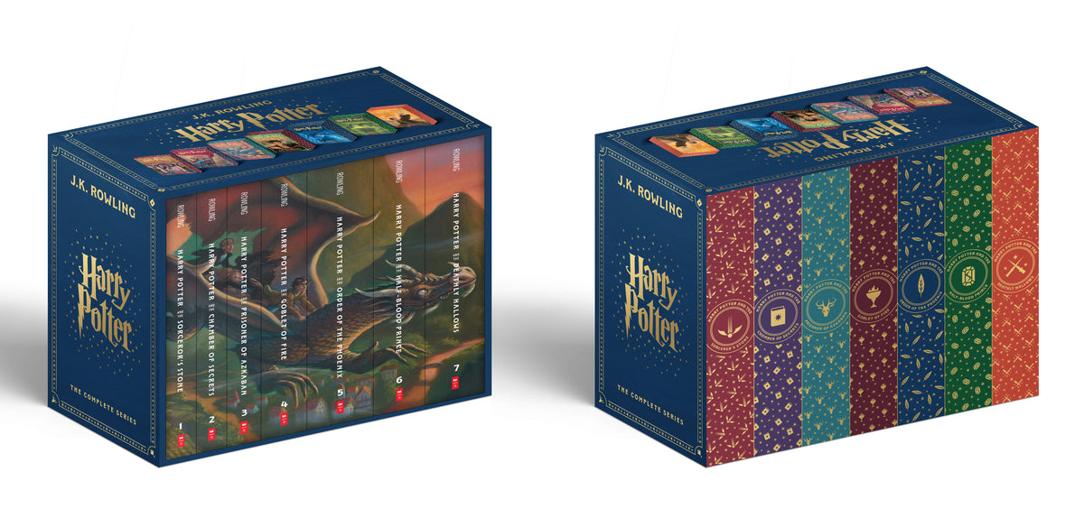Harry Potter complete series boxed set showing two views: left side displays books 1-7 with illustrated covers, right side shows books with decorative patterned