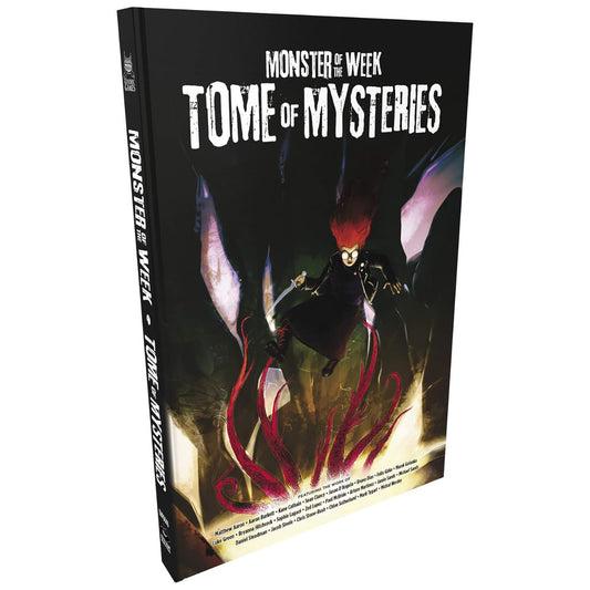 Monster of the Week: Tome of Mysteries hardcover RPG supplement book with dark cover featuring a red-haired character in black clothing surrounded by glowing re