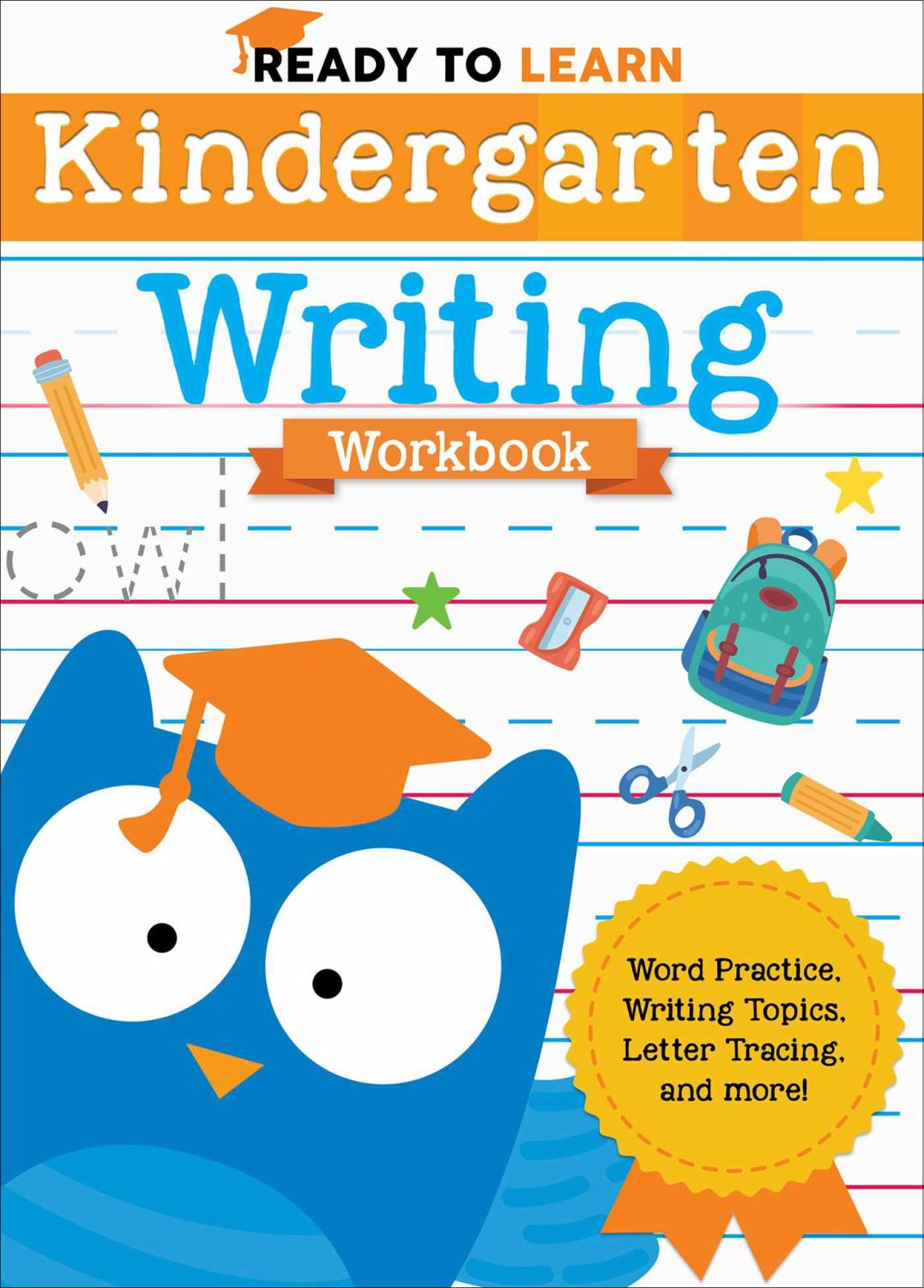 Ready to Learn Kindergarten Writing Workbook cover featuring blue owl character wearing orange graduation cap