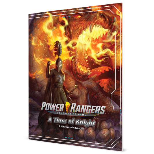Power Rangers Roleplaying Game: A Time of Knight box cover featuring a knight in armor facing a fiery dragon in a medieval fantasy setting