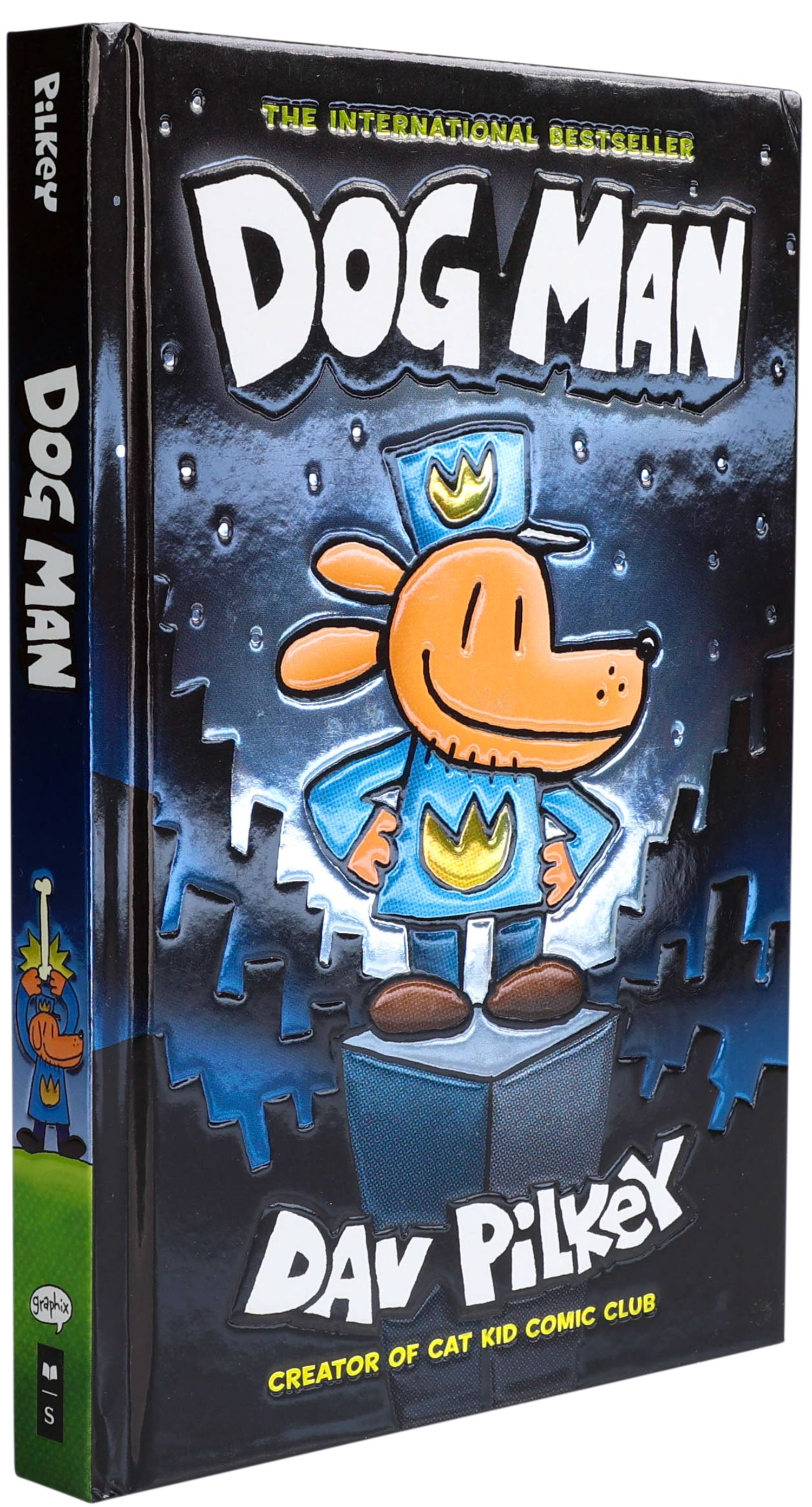 Dog Man Foil Cover book by Dav Pilkey with blue and orange cartoon character design