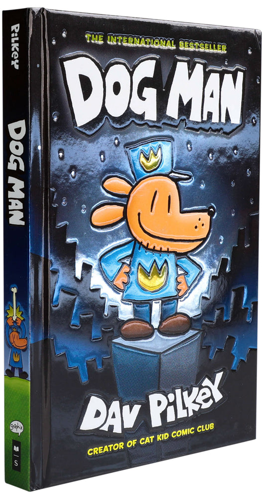 Dog Man Foil Cover book by Dav Pilkey with blue and orange cartoon character design