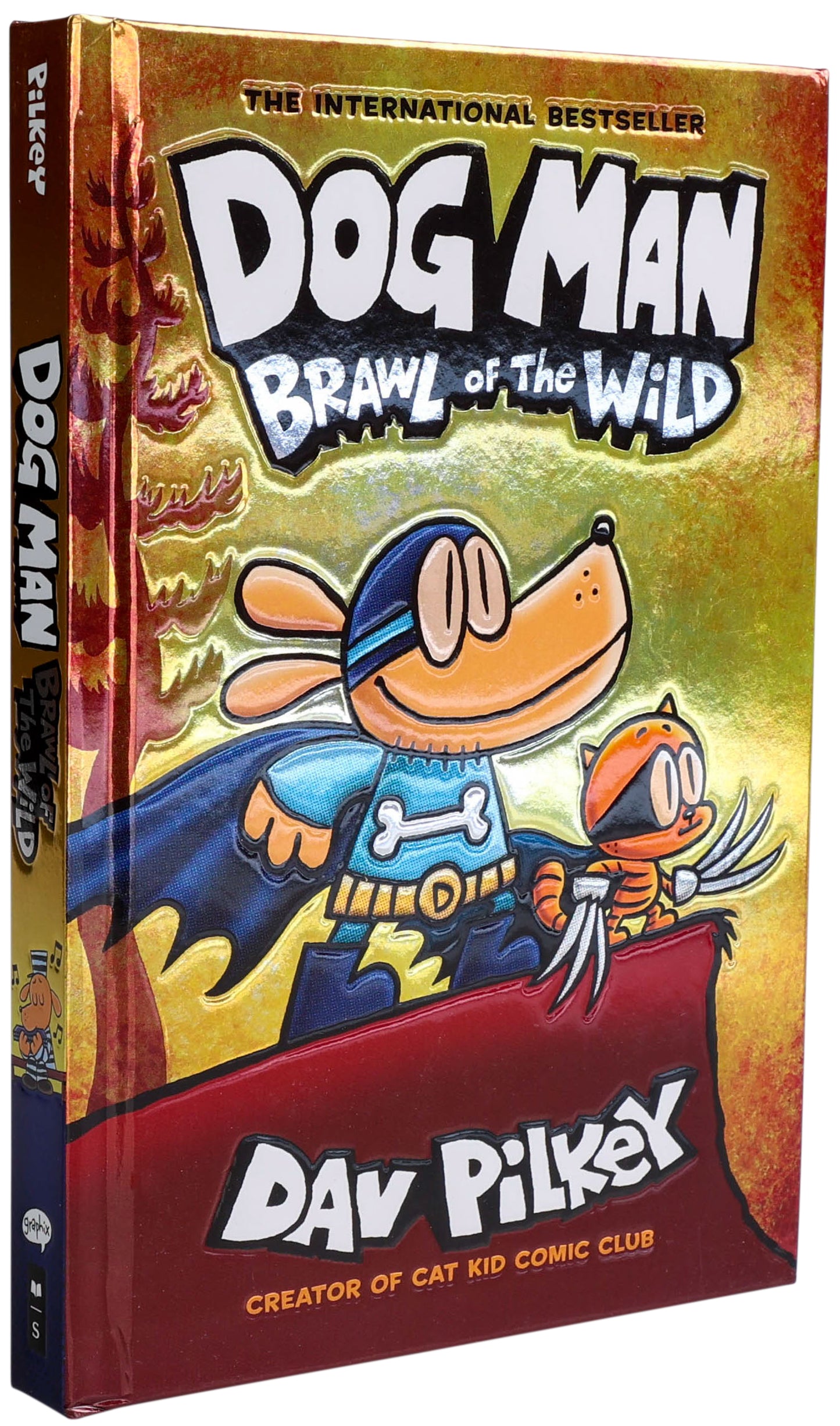 Dog Man Brawl of the Wild foil cover book by Dav Pilkey with gold and red design