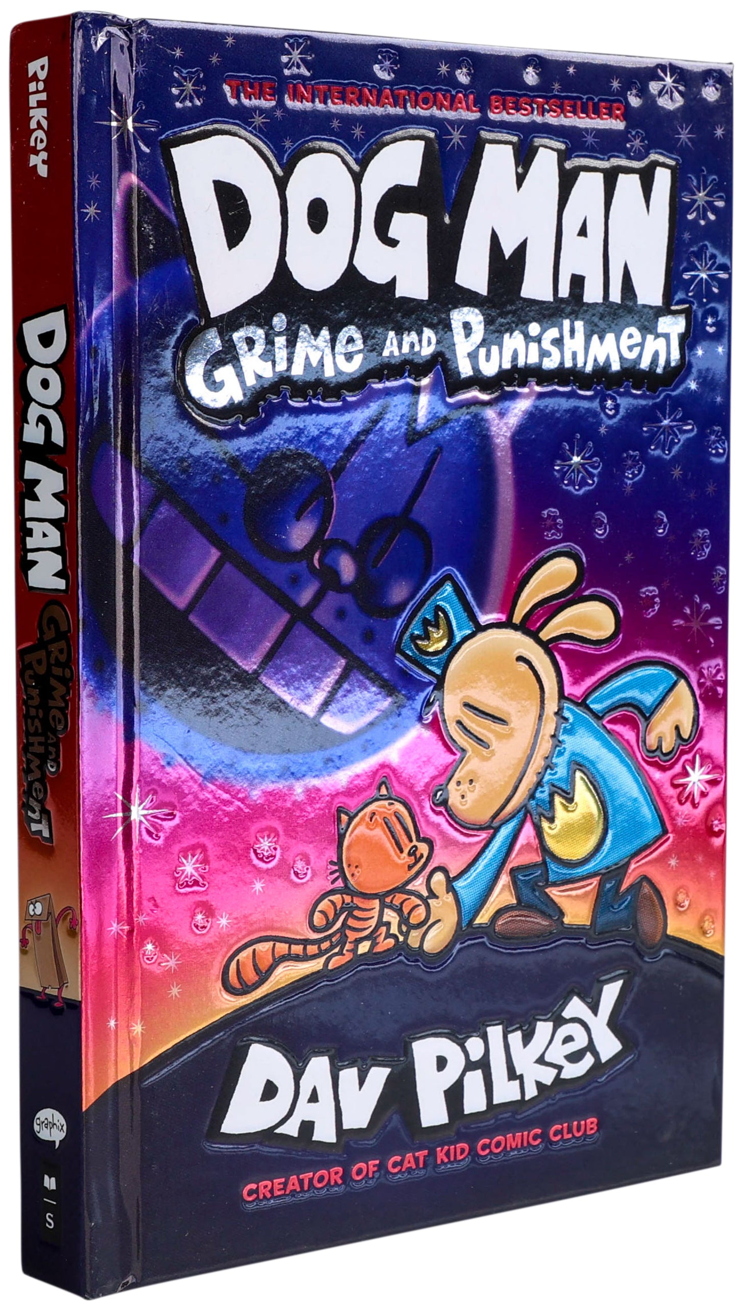 Dog Man Grime and Punishment foil cover book by Dav Pilkey with colorful blue and pink gradient design