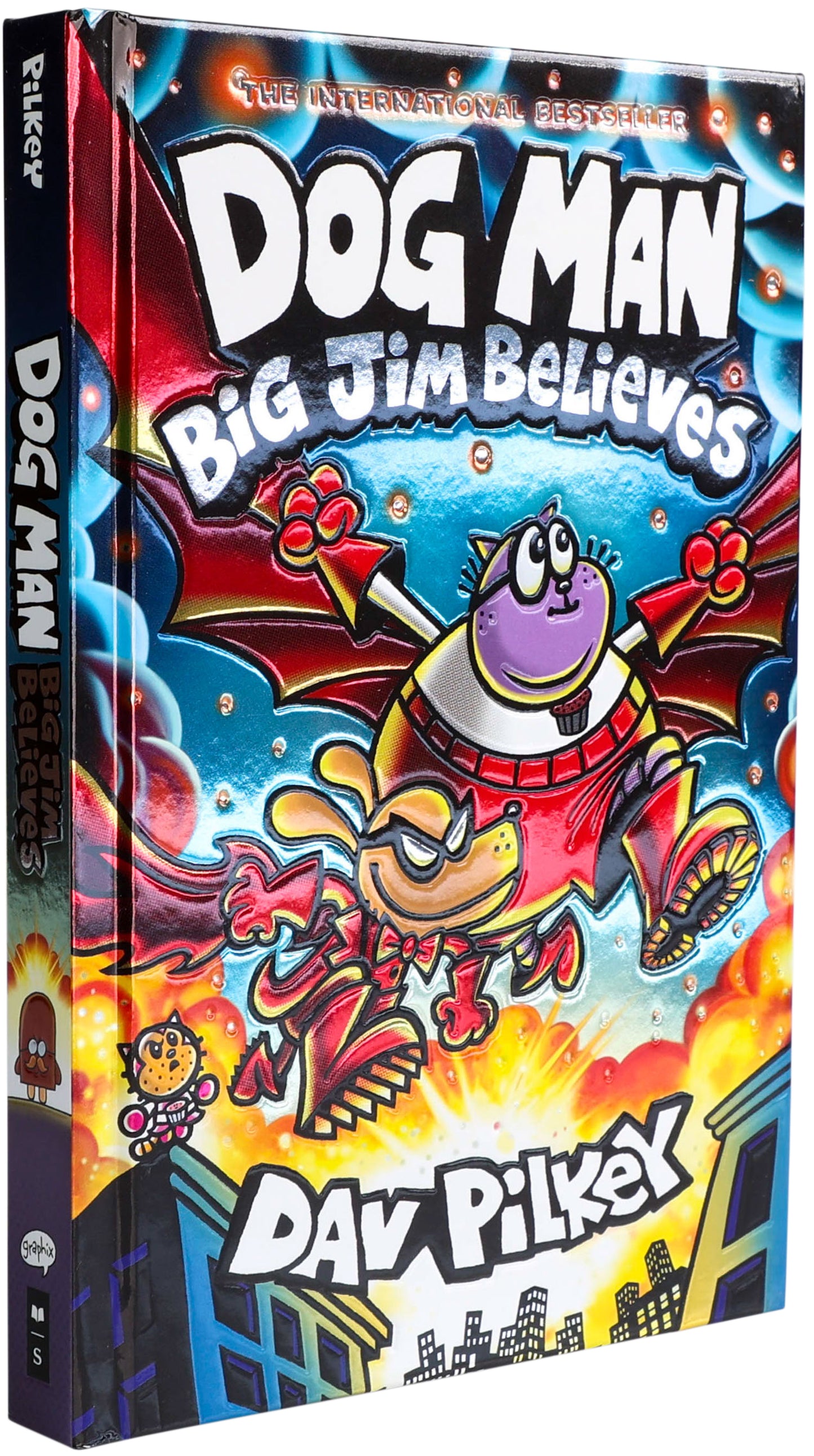 Dog Man Big Jim Believes foil cover book by Dav Pilkey with colorful comic-style artwork