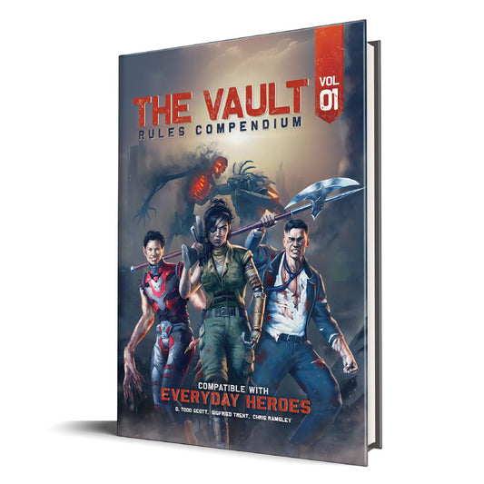 The Vault Rules Compendium Vol 01 hardcover book featuring three armed characters and monsters in a post-apocalyptic setting, compatible with Everyday Heroes RP