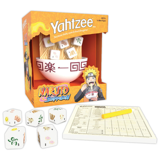 Naruto Shippuden Yahtzee game set with ramen bowl dice shaker, five white dice featuring food and character symbols, scorepad, and pencil
