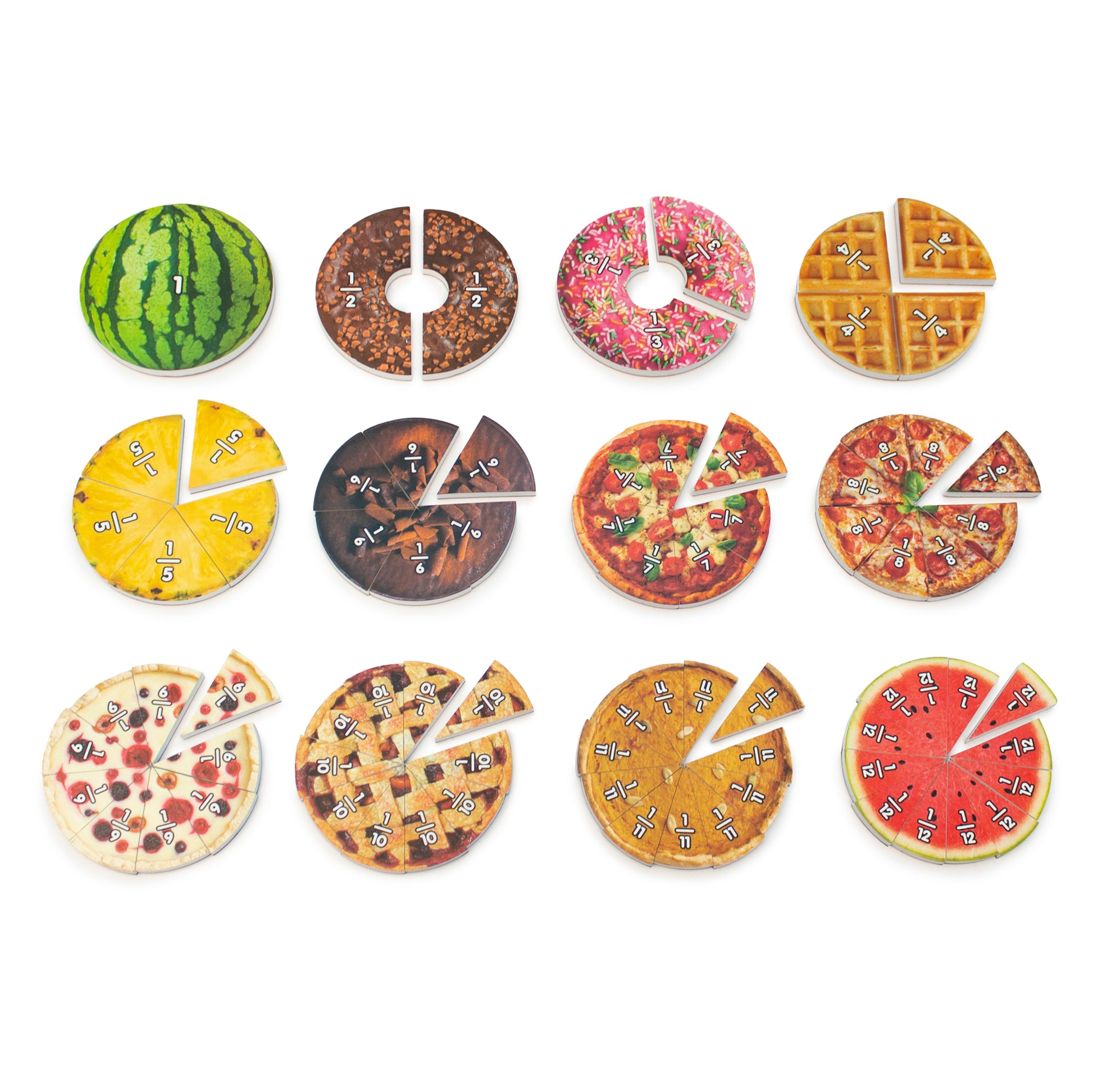 Junior Learning Food Fractions Set with colorful pizza, watermelon, and waffle fraction learning toys