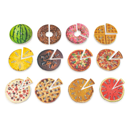 Junior Learning Food Fractions Set with colorful pizza, watermelon, and waffle fraction learning toys