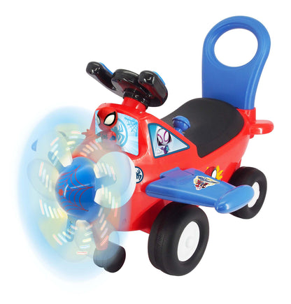 Red Spider-Man ride-on plane toy with blue handle, black wheels, character graphics, and light-up feature on plain background