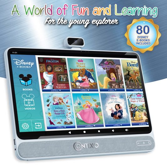 Contixo A3 tablet displaying Disney Books app with Frozen, Beauty and the Beast, Tangled, Bambi, and other storybooks on screen; includes 80 Disney e-books