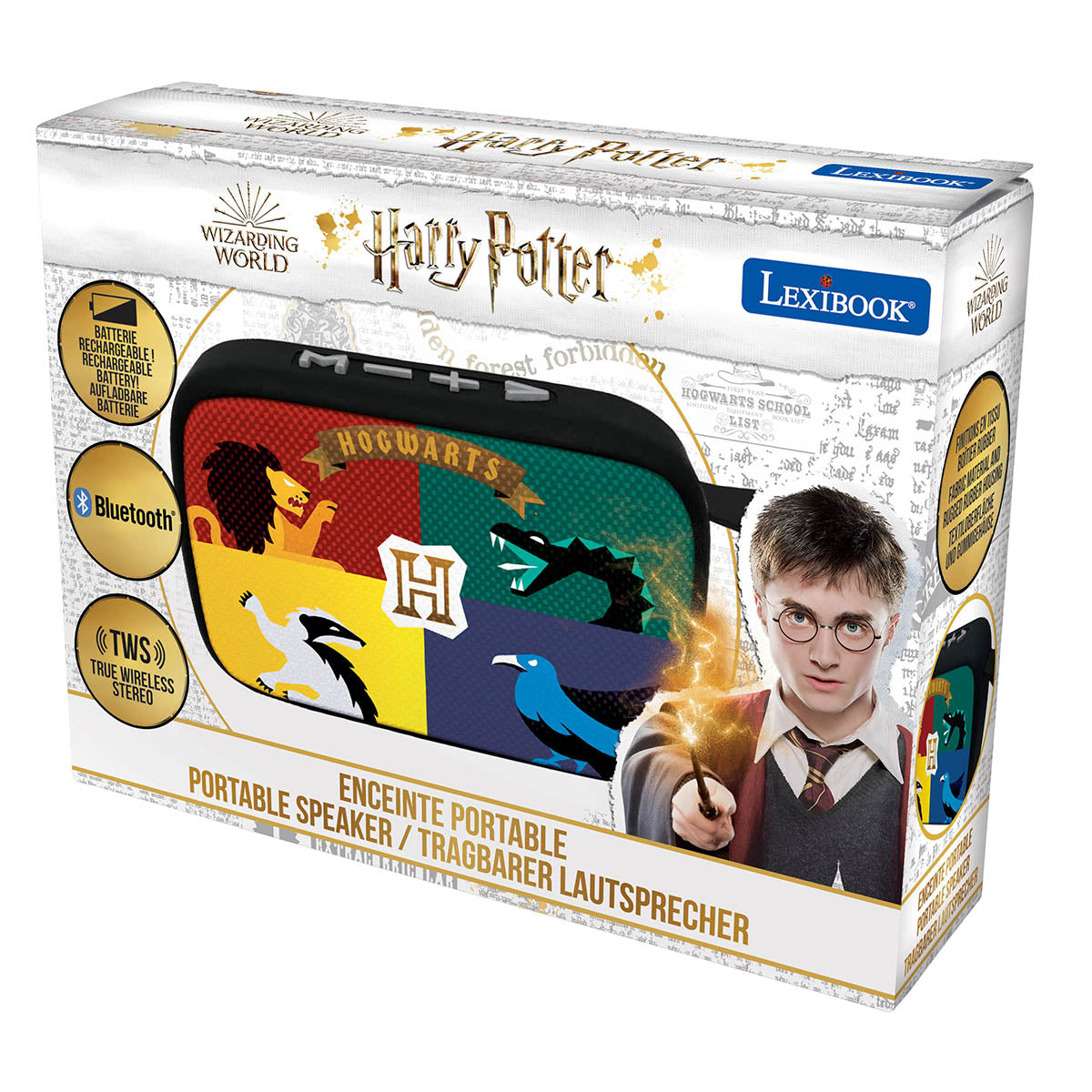 Harry Potter Enchanted portable Bluetooth speaker with Hogwarts house colors and magical design, shown on packaging with child model wearing round glasses and H